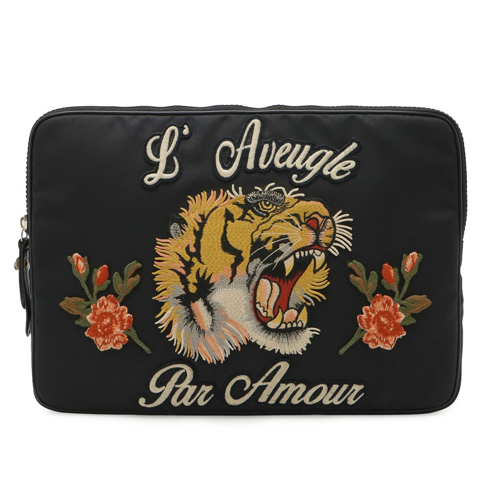 Gucci Embroidered Laptop Case PC Clutch Bag Tiger Embroidery Canvas Black